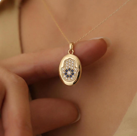 14K Gold Hamsa Hand Pendant, Colorful Protection Charm, Good Luck Gift for Mother Teacher Nurse