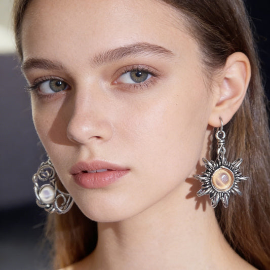 Sun Moon Cat Eye Stone Energy Balance Dangle Earrings