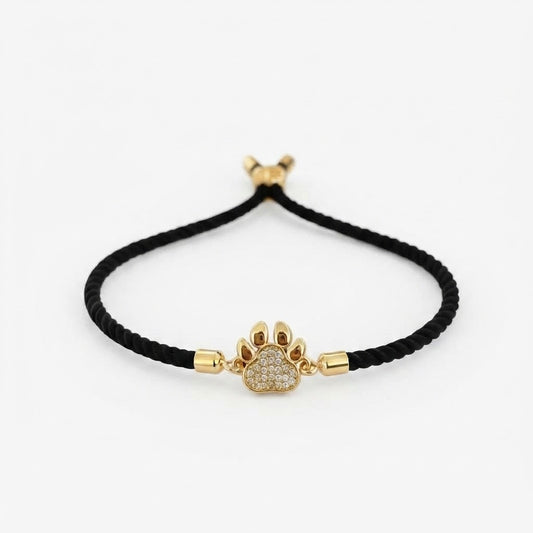Gold Paw Print Bracelet, Sparkling CZ Charm, Adjustable Black Cord, Pet Lover Jewelry