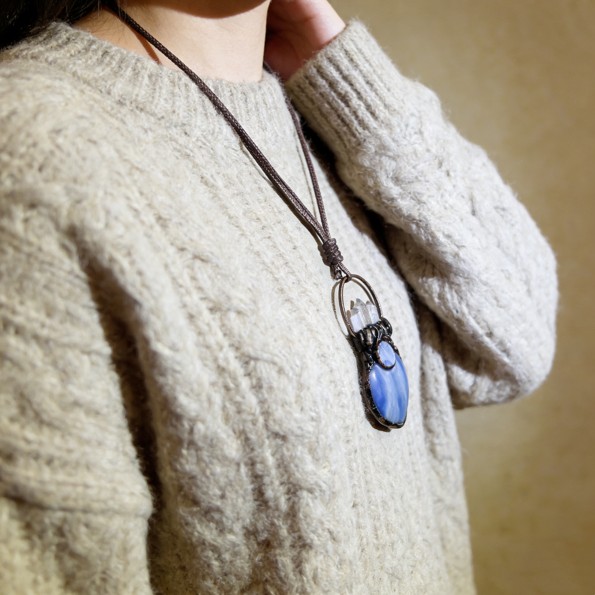 Blue Quartz Druzy Copper Pendant Necklace