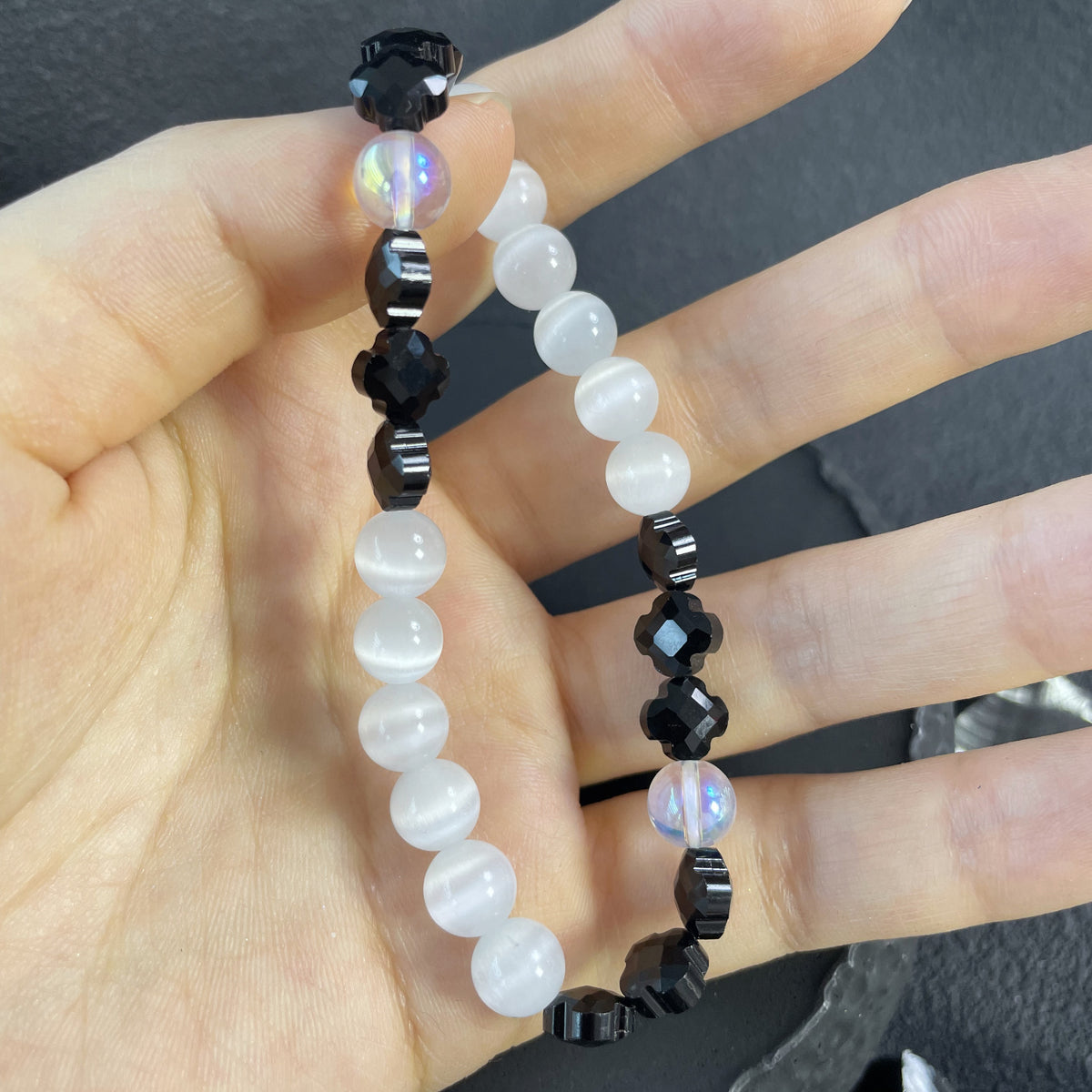 Lucky Black Clover Bracelet, Cat Eye Stone Beaded Stretch Bracelet, Minimalist Handmade Gift for Her