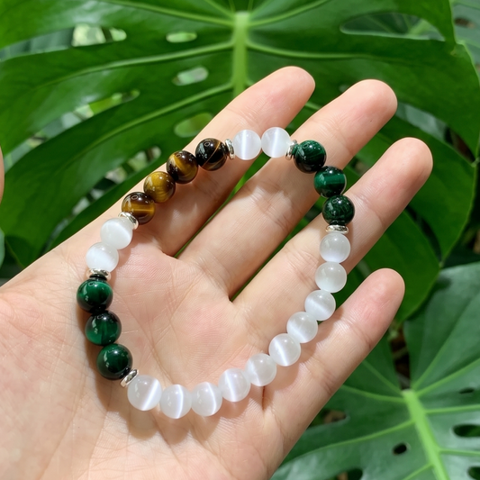 Wealth & Luck Crystal Bracelet, Tiger Eye and Green Cat Eye Energy Jewelry