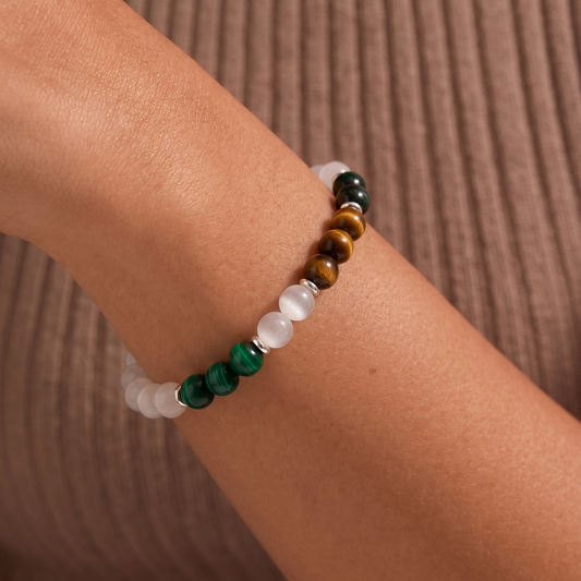Wealth & Luck Crystal Bracelet, Tiger Eye and Green Cat Eye Energy Jewelry