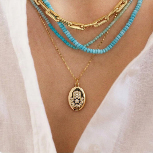 14K Gold Hamsa Hand Pendant, Colorful Protection Charm, Good Luck Gift for Mother Teacher Nurse