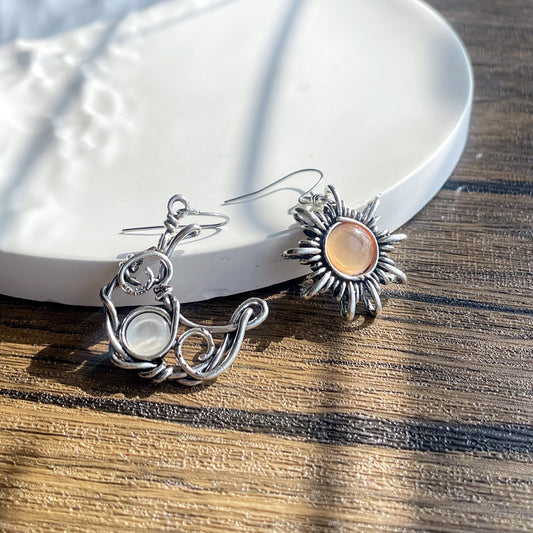 Mystical Sun & Moon Cat Eye Stone Celestial Silver Earrings