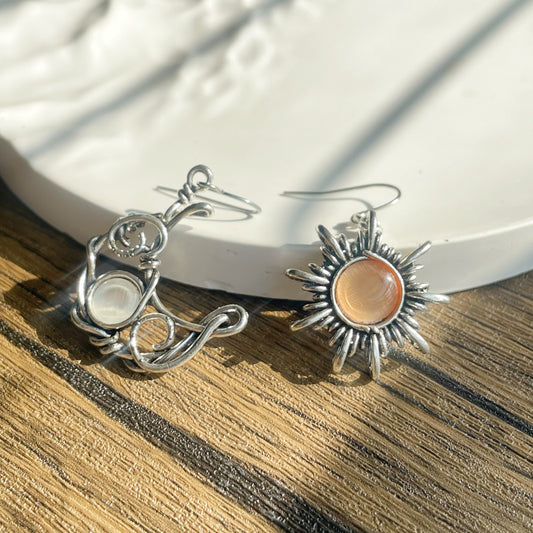 Sun Moon Cat Eye Stone Energy Balance Dangle Earrings