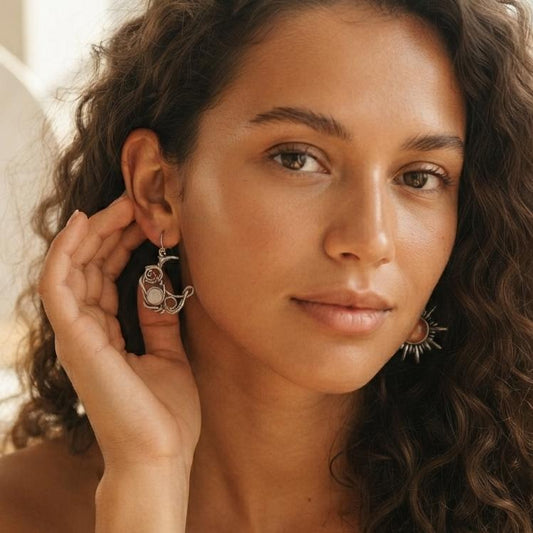 Sun Moon Cat Eye Stone Energy Balance Dangle Earrings