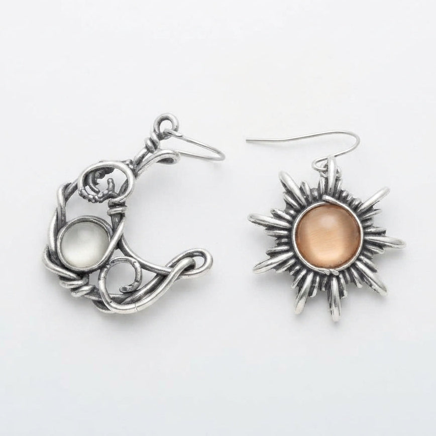 Sun Moon Cat Eye Stone Energy Balance Dangle Earrings