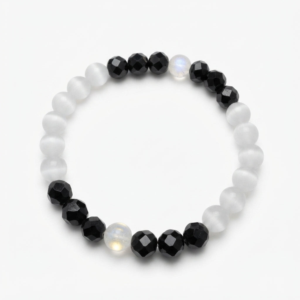Lucky Black Clover Bracelet, Cat Eye Stone Beaded Stretch Bracelet, Minimalist Handmade Gift for Her