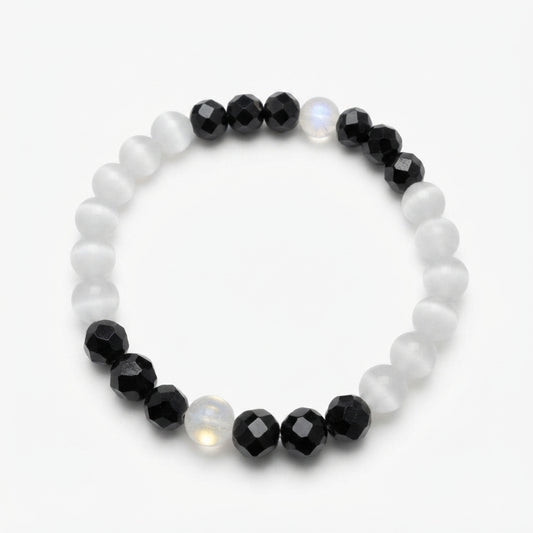 Lucky Black Clover Bracelet, Cat Eye Stone Beaded Stretch Bracelet, Minimalist Handmade Gift for Her