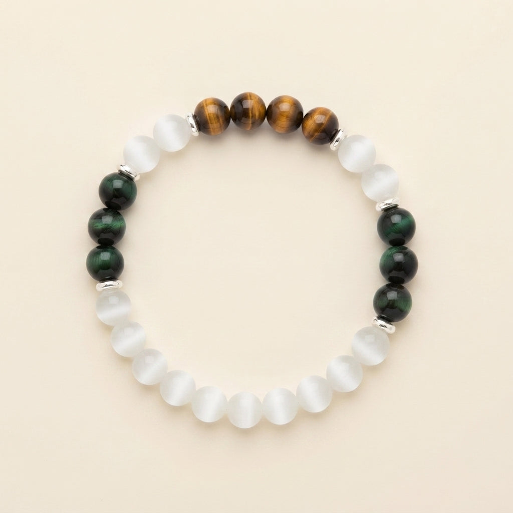 Wealth & Luck Crystal Bracelet, Tiger Eye and Green Cat Eye Energy Jewelry