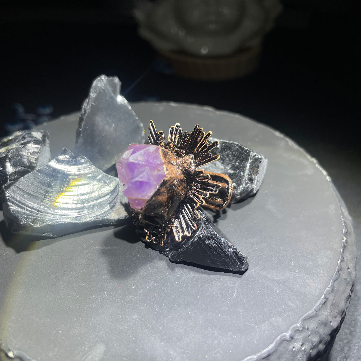 Antique Copper Raw Amethyst Ring, Handmade Adjustable Boho Statement Healing Stone Valentine Gift