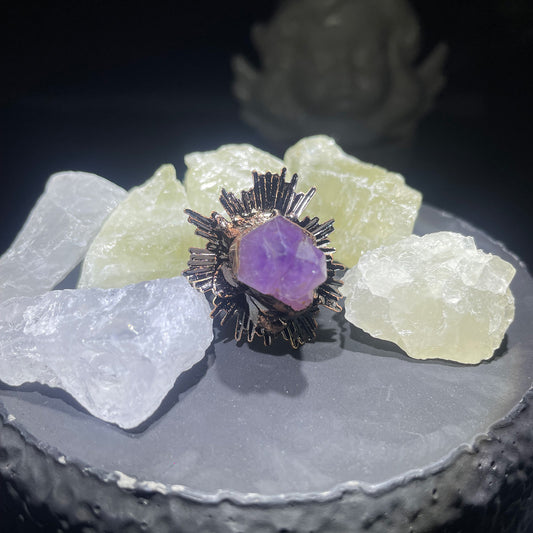 Antique Copper Raw Amethyst Ring, Handmade Adjustable Boho Statement Healing Stone Valentine Gift