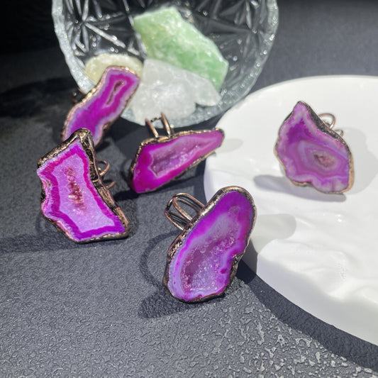 Pink Druzy Quartz Copper Ring, Handmade Crystal Statement Ring, Adjustable Boho Jewelry, Gift for Her