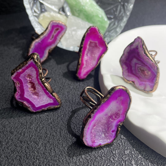 Pink Druzy Quartz Copper Ring, Handmade Crystal Statement Ring, Adjustable Boho Jewelry, Gift for Her