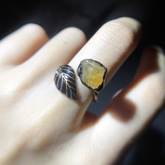 Handmade Raw Sapphire Ring, Adjustable Leaf Design, Boho Jewelry