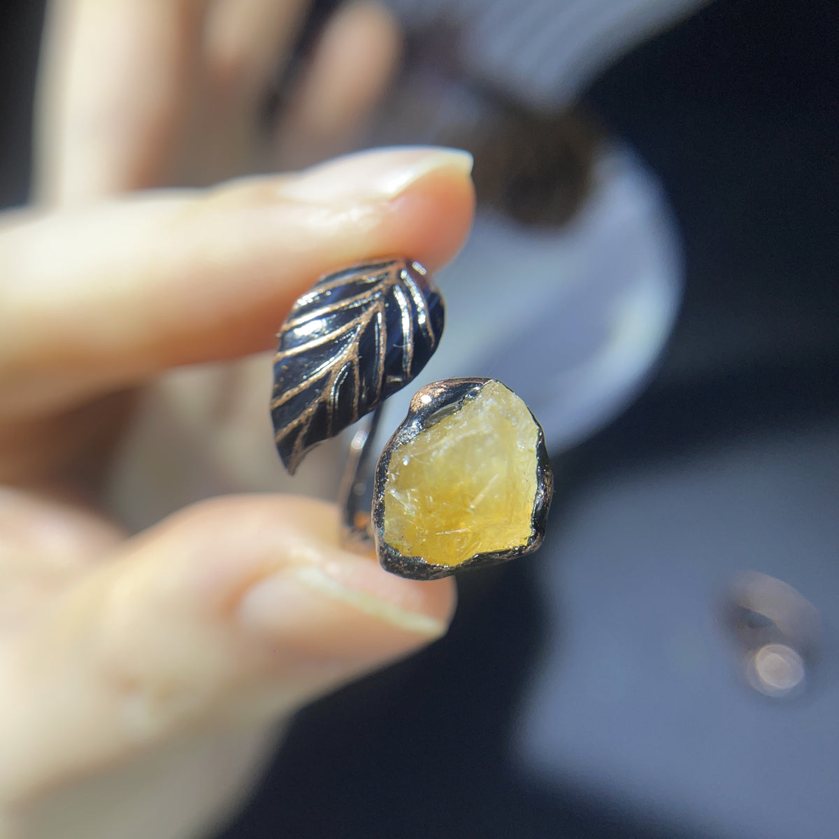 Raw Sapphire Leaf Adjustable Boho Ring