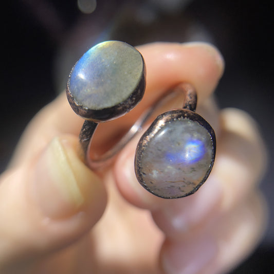 Labradorite Adjustable Open Band, Double Stone Boho Statement Jewelry, Handmade Iridescent Gemstone