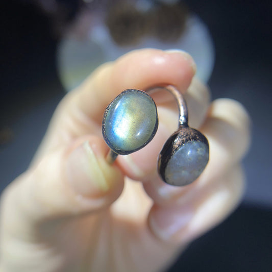 Labradorite Adjustable Open Band, Double Stone Boho Statement Jewelry, Handmade Iridescent Gemstone